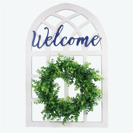 YOUNGS Wood Window & Wreath Welcome Sign, Blue & White 21278